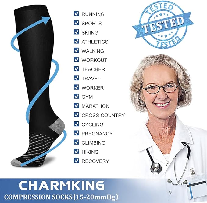 Compression Socks for Women & Men Circulation (8 Pairs) 15-20 mmHg is Best Support for Athletic Running,Hiking(Black/Black/Black/Black/Grey)