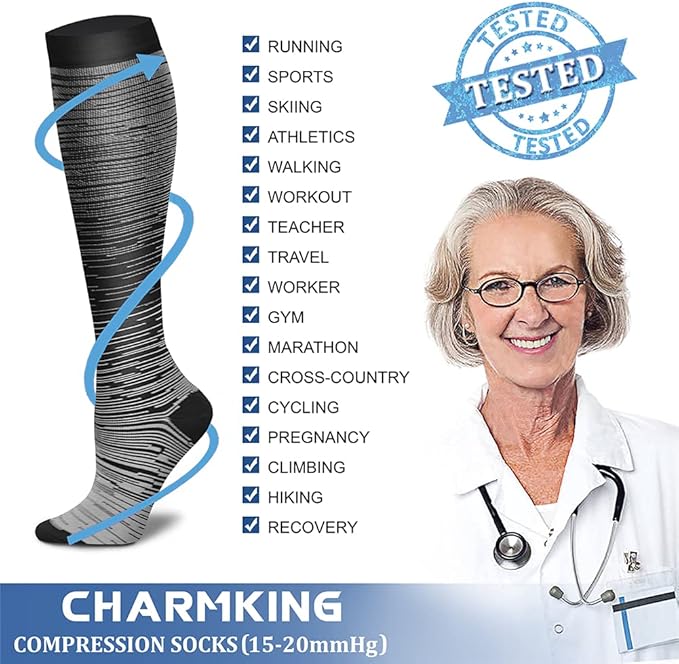 Compression Socks for Women & Men Circulation (8 Pairs) 15-20 mmHg is Best Support for Athletic Running,Hiking(Black/Grey/Grey/Blue/Blue)