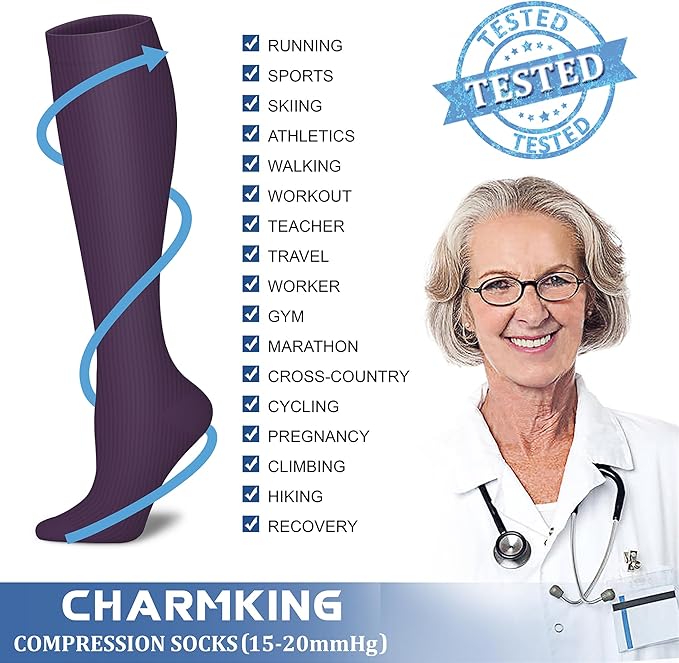 Compression Socks for Women & Men Circulation (8 Pairs) 15-20 mmHg is Best Support for Athletic Running,Hiking(Black/Purple/Purple/Purple/Purple)
