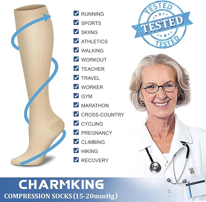 Compression Socks for Women & Men Circulation (8 Pairs) 15-20 mmHg is Best Support for Athletic Running,Hiking(Black/Black/White/Grey/Beige)