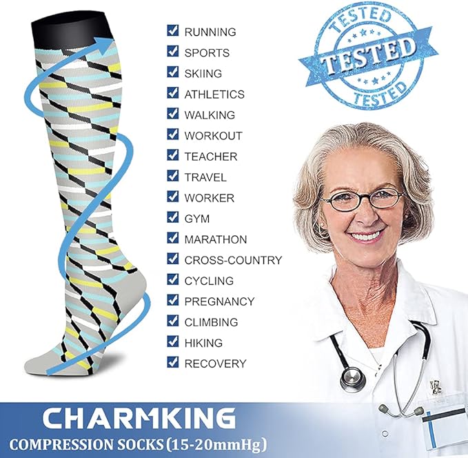 Compression Socks for Women & Men Circulation (8 Pairs) 15-20 mmHg is Best Support for Athletic Running,Hiking(Yellow/Gray/Red/Rainbow/White)