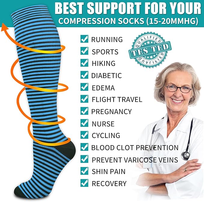 Copper Compression Socks for Women & Men (6 pairs) - Best Support for Nurses, Running, Hiking, Recovery(Black 2 Pairs/Blue 4 Pairs)
