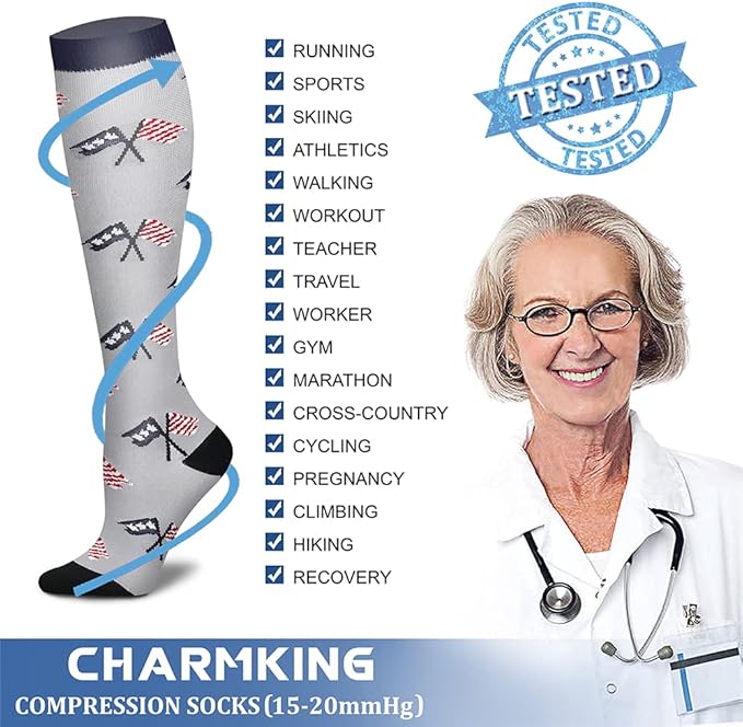 Compression Socks for Women & Men Circulation (8 Pairs) 15-20 mmHg is Best Support for Athletic Running,Hiking(Blue/White/Navy/Red/Blue)