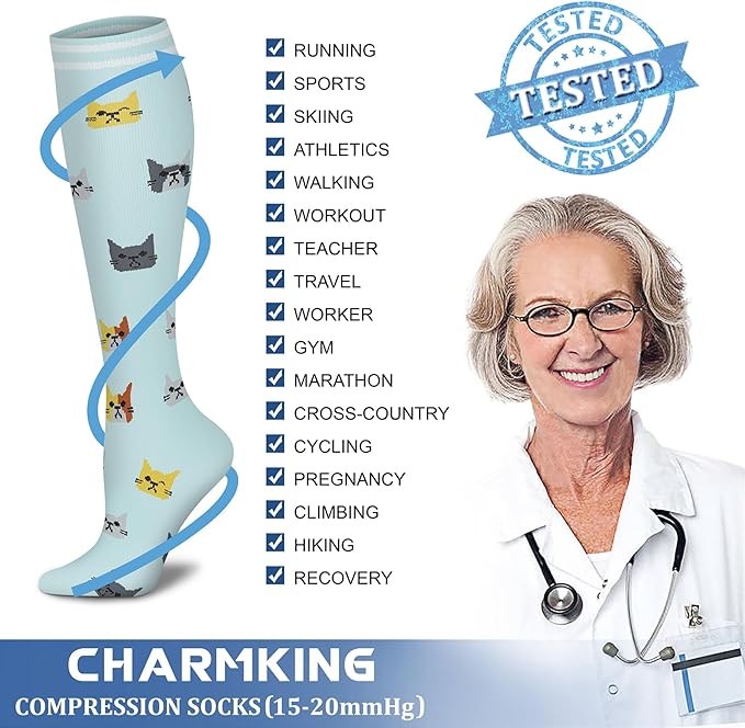 Compression Socks for Women & Men Circulation (8 Pairs) 15-20 mmHg is Best Support for Athletic Running,Hiking(Blue/Blue/White/Cyan/Orange)