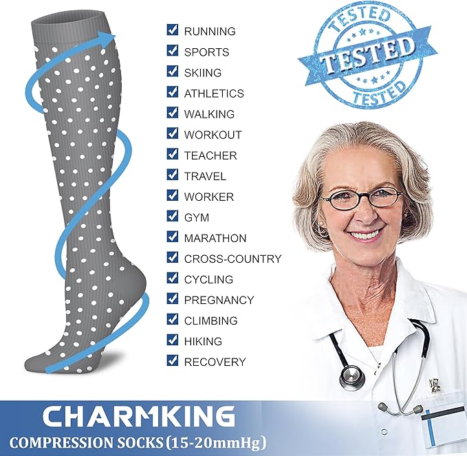 Compression Socks for Women & Men Circulation (8 Pairs) 15-20 mmHg is Best Support for Athletic Running,Hiking(Grey/Grey/Grey/Grey/Grey)