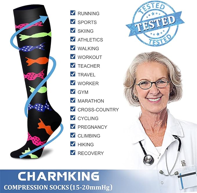 Compression Socks for Women & Men Circulation (8 Pairs) 15-20 mmHg is Best Support for Athletic Running,Hiking(Yellow/Black/Blue/Black/Red)