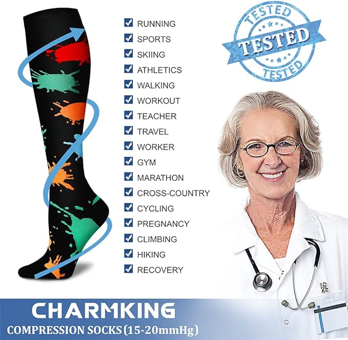 Compression Socks for Women & Men Circulation (8 Pairs) 15-20 mmHg is Best Support for Athletic Running,Hiking(Black/Black/Rainbow/Navy/Black)