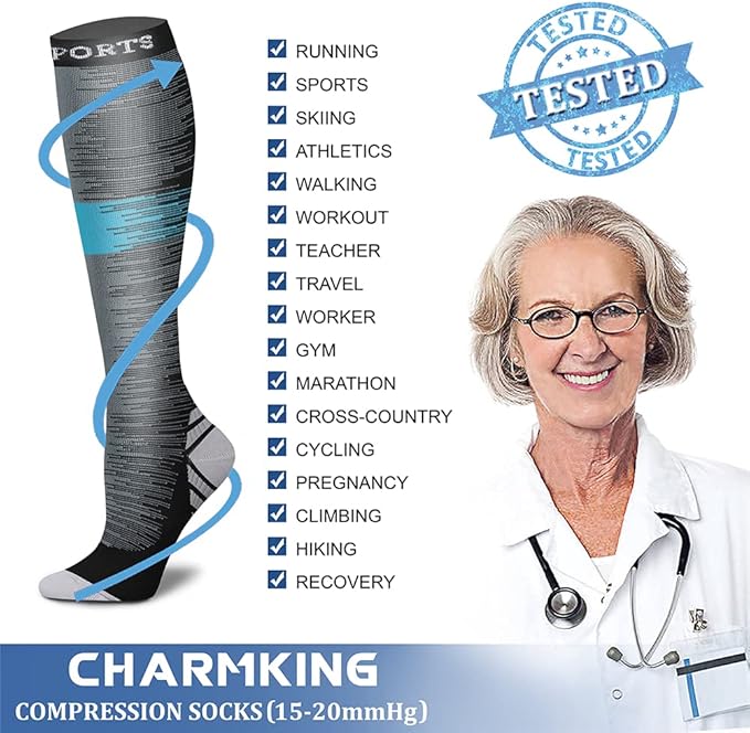 Compression Socks for Women & Men Circulation (8 Pairs) 15-20 mmHg is Best Support for Athletic Running,Hiking(Blue/Orange/Gray/Red/Gray)