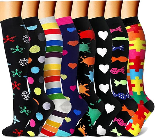 Compression Socks for Women & Men Circulation (8 Pairs) 15-20 mmHg is Best Support for Athletic Running,Hiking（Black/Black/Rainbow/Navy/Black）