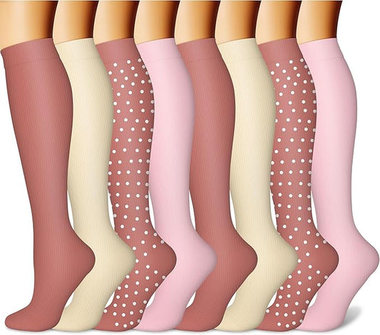Compression Socks for Women & Men Circulation (8 Pairs) 15-20 mmHg is Best Support for Athletic Running,Hiking（Beige/Pink/Pink/Pink/Pink）