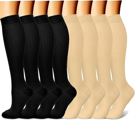 Compression Socks for Women & Men Circulation (8 Pairs) 15-20 mmHg is Best Support for Athletic Running,Hiking（Black/Black/Black/Black/Beige）