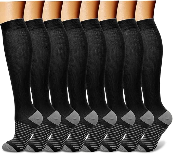 Compression Socks for Women & Men Circulation (8 Pairs) 15-20 mmHg is Best Support for Athletic Running,Hiking（Black/Black/Black/Black/Grey）