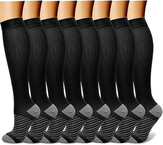 Compression Socks for Women & Men Circulation (8 Pairs) 15-20 mmHg is Best Support for Athletic Running,Hiking（Black/Black/Black/Black/Grey）