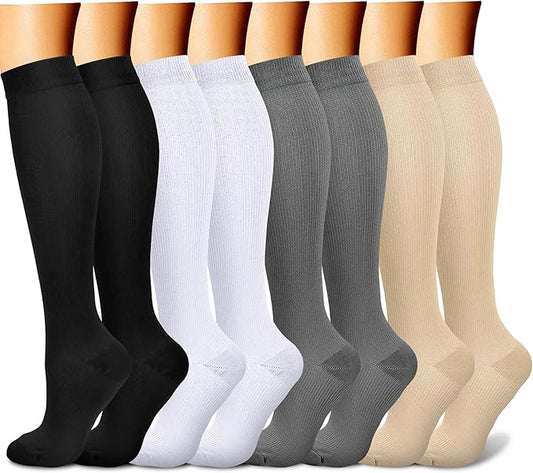 Compression Socks for Women & Men Circulation (8 Pairs) 15-20 mmHg is Best Support for Athletic Running,Hiking（Black/Black/White/Grey/Beige）