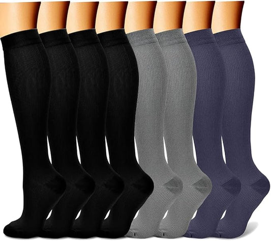 Compression Socks for Women & Men Circulation (8 Pairs) 15-20 mmHg is Best Support for Athletic Running,Hiking（Black/Black/Black/Grey/Navy）