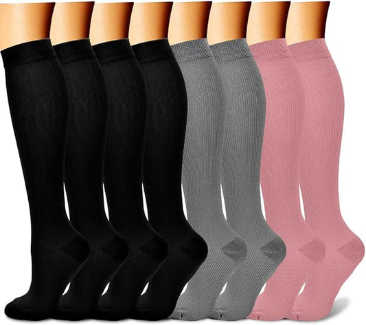 Compression Socks for Women & Men Circulation (8 Pairs) 15-20 mmHg is Best Support for Athletic Running,Hiking（Black/Black/Black/Grey/Pink）