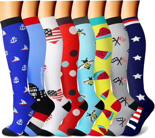Compression Socks for Women & Men Circulation (8 Pairs) 15-20 mmHg is Best Support for Athletic Running,Hiking（Blue/White/Navy/Red/Blue）
