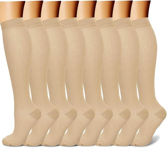 Compression Socks for Women & Men Circulation (8 Pairs) 15-20 mmHg is Best Support for Athletic Running,Hiking（Beige/Beige/Beige/Beige/Beige）