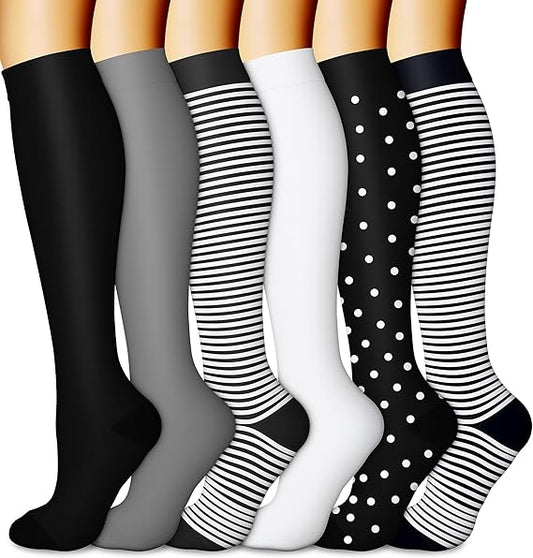 6 Pairs-Compression Socks for Women & Men Circulation Best Support for Nurses, Running, Athletic,Flight Travel（Black/Black/Black/White/Grey/Grey）