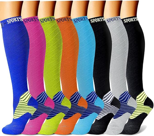 Compression Socks for Women & Men Circulation (8 Pairs) 15-20 mmHg is Best Support for Athletic Running,Hiking（Black/Black/Red/Yellow/Orange）