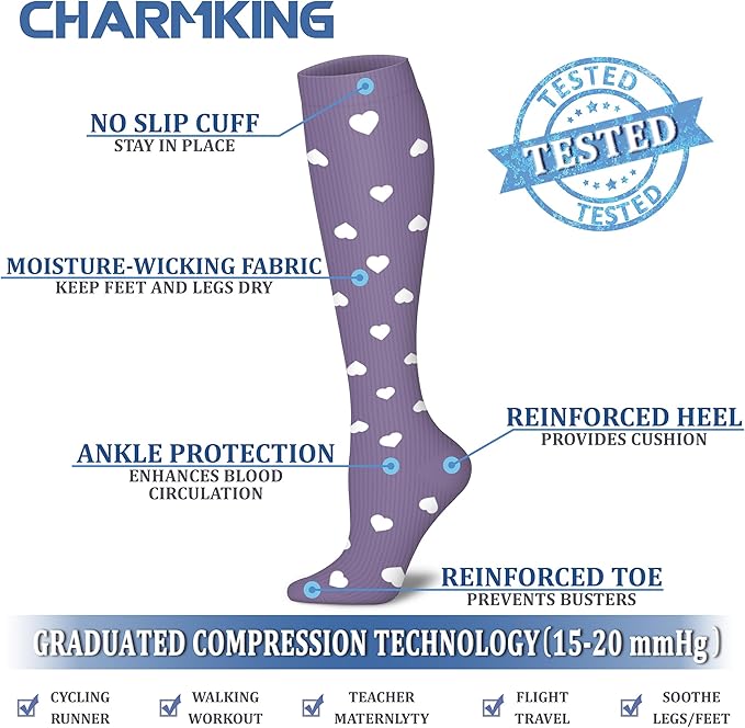 Compression Socks for Women & Men Circulation (8 Pairs) 15-20 mmHg is Best Support for Athletic Running,Hiking（Black/Purple/Purple/Purple/Purple）