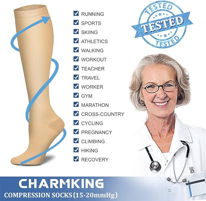 Compression Socks for Women & Men Circulation (8 Pairs) 15-20 mmHg is Best Support for Athletic Running,Hiking（Beige/Beige/Beige/Beige/Beige）